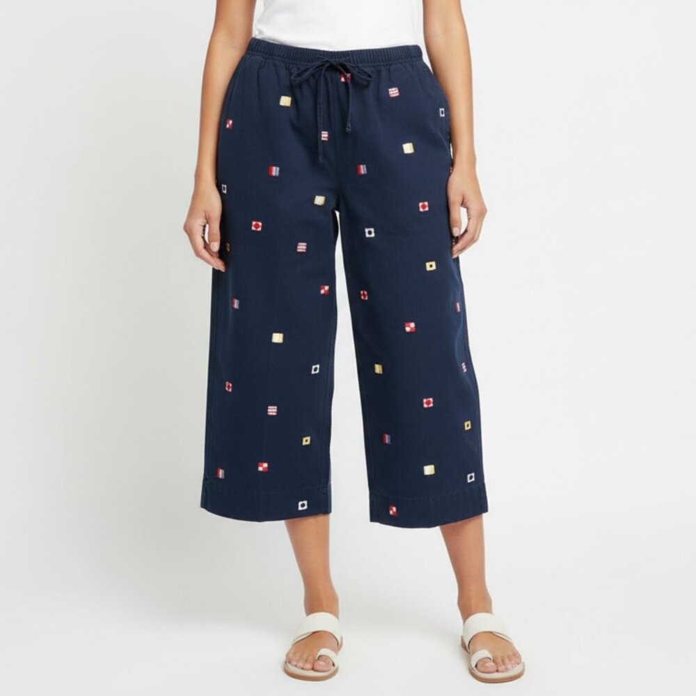 Breckenridge Petites Denim Embroidered Capri Pants Womens Size 14 Navy Pull-On